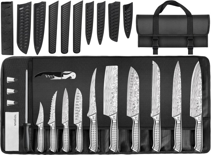 MOSFiATA Kitchen Knife Set, 17 Pcs Japanese Stainless Steel Knife Sets for Kitchen with Oxford cloth storage bag with Knife Sharpening Rod, Dishwasher Safe, For Outdoor - Image 1